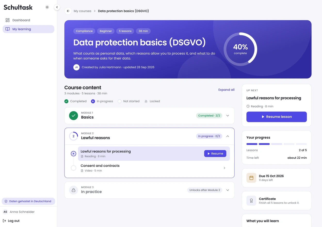 A Schultask course page: modules, lessons and progress for one course